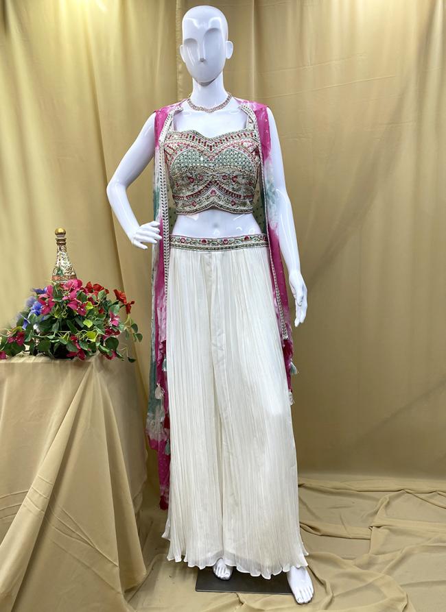 Georgette White Party Wear Hand Work Readymade Indo Western